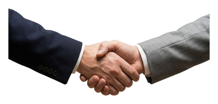 Businessmen in navy and grey suits shaking hands to seal a partnership isolated transparent background image