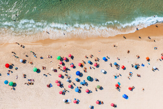 Aerial view of Copacabana beach with sunshades, Rio de Janeiro, Brazil