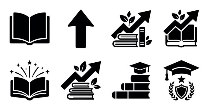 Collection of eight black education icons representing learning, growth, and academic achievement with books, arrows, and graduation caps in a minimalist glyph style