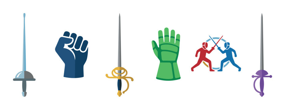 Collection of colorful fencing icons showing different swords like foil, &eacute;p&eacute;e, and rapier, along with protective gauntlets and a duel between two fencers in a flat vector style