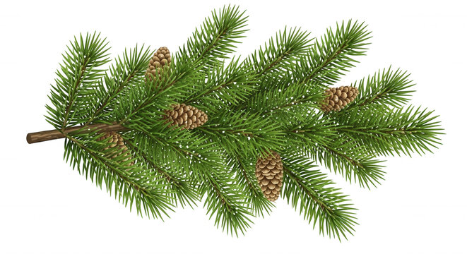 A detailed of a lush green spruce branch featuring several brown pine cones, isolated against a solid black background