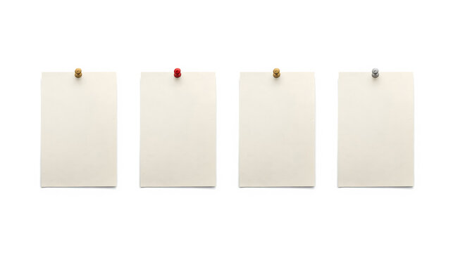 identical rectangular sheets of paper pinned to a white background. Each sheet is secured by a small, round thumbtack at the top center, with the thumbtacks varying slightly in color from brass to sil