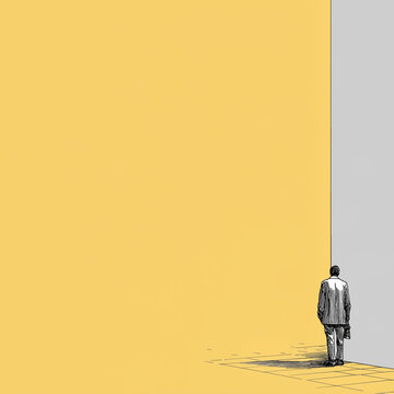 Minimalist illustration of a businessman standing beside a massive yellow wall; conceptual art of corporate isolation, career challenges, and architectural scale featuring a lone professional