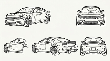 Obraz premium Multiple views of a modern sports car sketch.