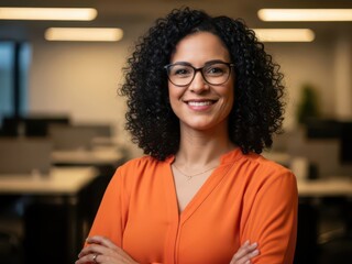 Fototapeta premium Smiling professional woman with arms crossed in office setting