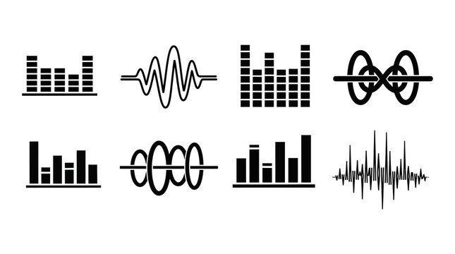 Collection of audio waveform and equalizer icons with waveform, equalizer