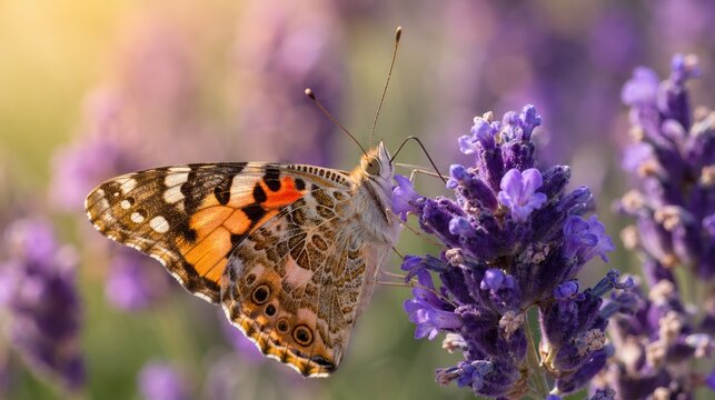 Macro photography of a fuzzy bumblebee collecting nectar from a vibrant purple wildflower in a sun-drenched meadow, highlighting intricate details of wings and yellow fur against soft bokeh.