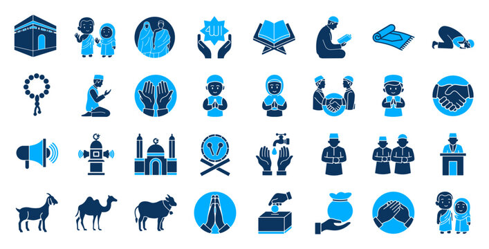 Eid al adha glyph icon set. Contain Qurban, sacrifice,hajj, ibrahim, dhulhijjah, takbir, talbiyah, mosque, prayer, halal, sunnah, ummah, charity, donation, zakat, blessings, faith, arafah, mina, kaaba
