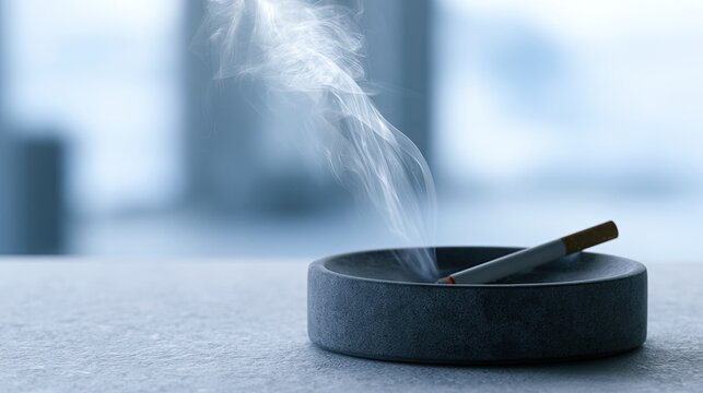 A lit cigarette smolders in an ashtray, with wisps of smoke curling upwards