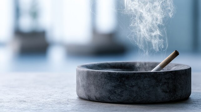 A lit cigarette smolders in a stone ashtray, emitting wisps of smoke