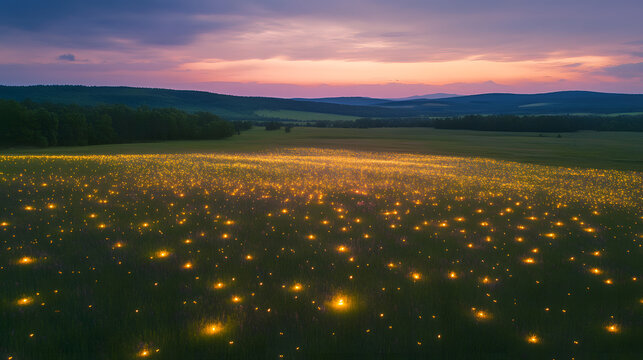 Shot Of Summer Lightning Bug Field At