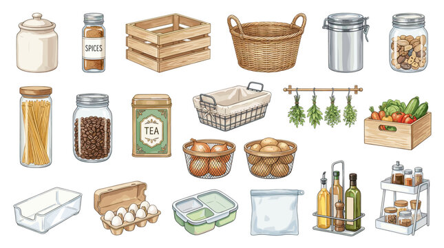 Watercolor pantry and grocery clipart set with jars, pasta, beans, baskets, crates, eggs, herbs, vegetables, olive oil and kitchen storage items