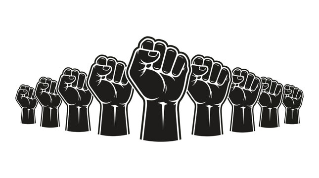 Group of raised fists representing protest unity power solidarity with strength