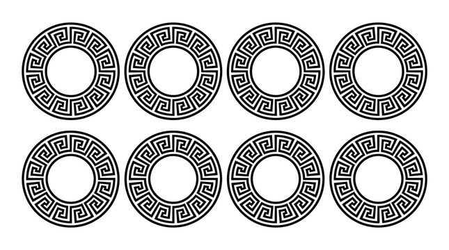 Eight circular greek key meander pattern design elements with ornamental