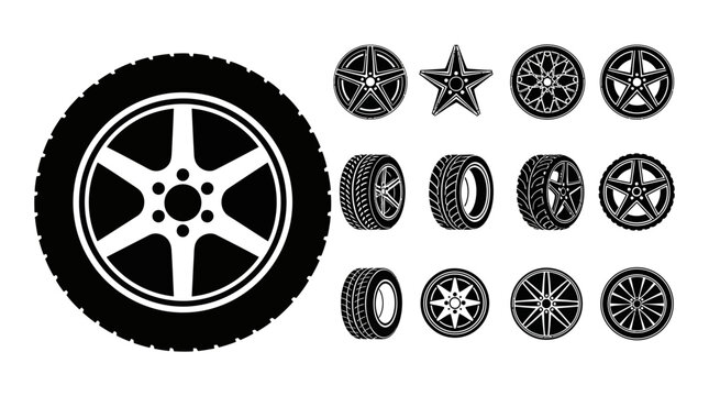 Car wheel and assorted tire treads in black and white with lug nuts, off road