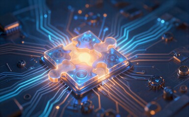 Obraz premium Glowing puzzle piece connects to circuit board symbolizing tech