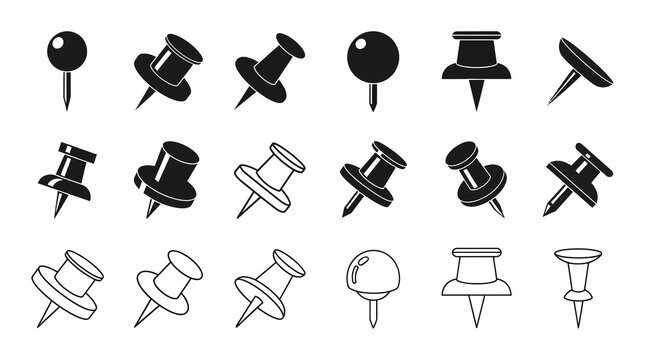 Set of different pin icons, push pins and thumbtacks collection, office supplies
