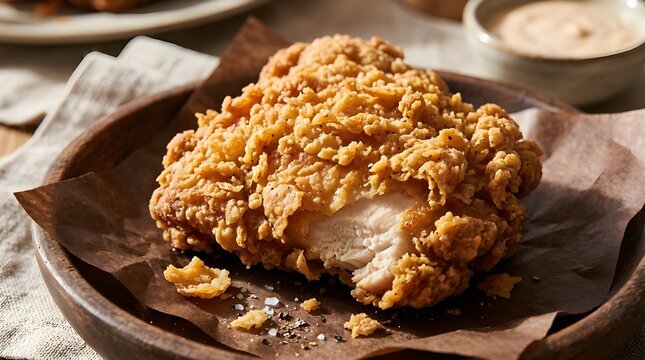 A crispy fried chicken breast on a brown plate with sauce
