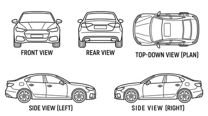 Obraz premium Car Blueprint Multiple Views Front Rear Side Top Down.
