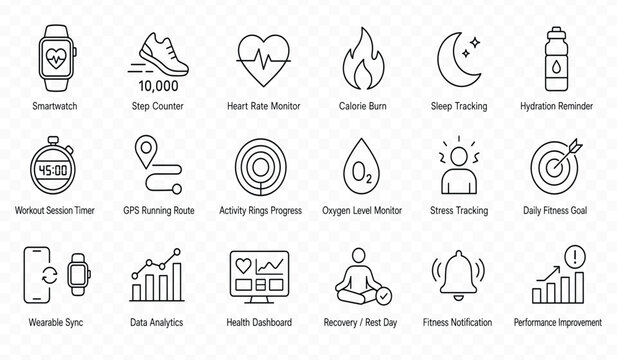 Minimalist fitness and health tracking icon set for wearable technology and wellness mobile applications with modern black line art style