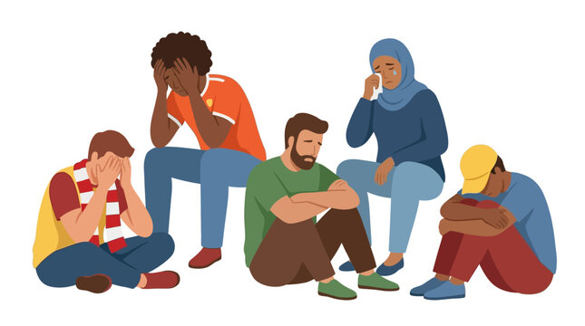 Diverse group of individuals expressing sadness and disappointment together