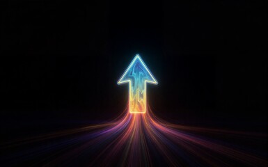 Fototapeta premium Vibrant glowing arrow ascends through colorful trails against a dark