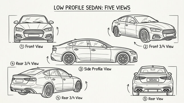 Low Profile Sedan Five Views Technical Drawing and Blueprint Style.