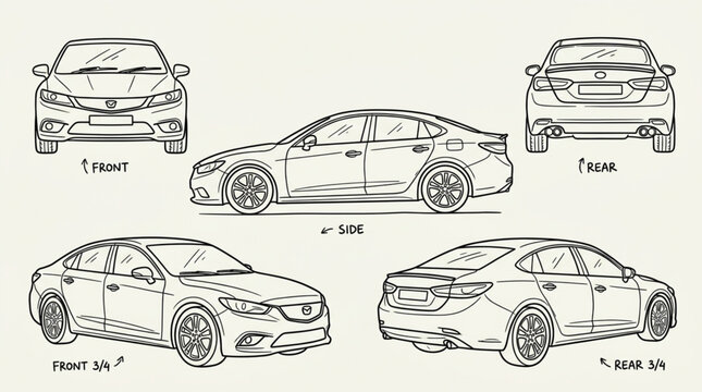 Automobile design sketches showing multiple views of a sedan.