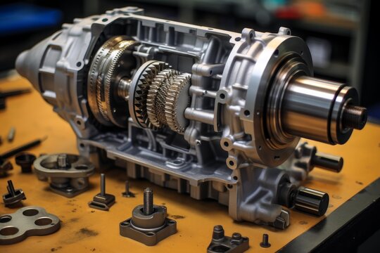Disassembled automatic transmission showing complex internal gears and mechanical components