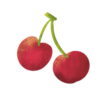 Red Cherry with Grain Texture Retro Illustrated Fruit Art with Stem on Pastel Background