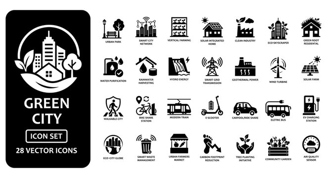 Green city and sustainable urban development solid icon set. Featuring solar panels, wind turbines, electric buses, vertical farming, and smart grid systems for environmental planning projects