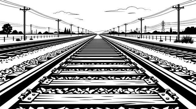 Railway tracks landscape with crossing rails, electrified catenary poles, and distant trees under cloudy sky in black and white