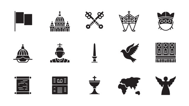 Vatican and Catholic Church Icon Set with Pope Religious Symbols and Spiritual Landmarks Vector Illustration