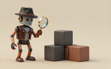 Fototapeta premium Steampunk robot detective holds magnifying glass near stacked cubes.