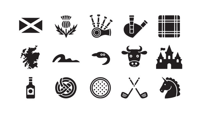 Scottish Culture and Heritage Icon Set with Thistle Bagpipes Whisky Unicorn and National Symbols Vector Illustration