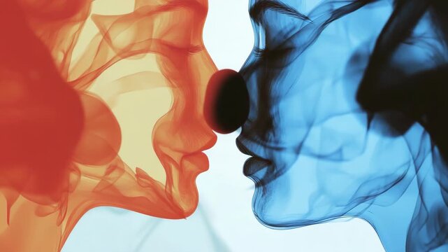 Two people close together with their faces touching, set against a vibrant watercolor background with flowing shapes and colors.