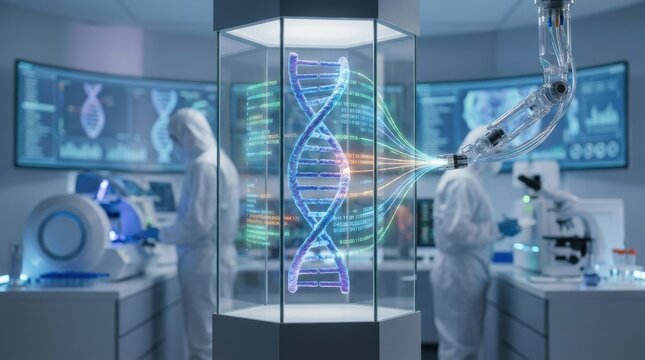 Genomic Decoding: DNA helix being decoded inside biotech laboratory
