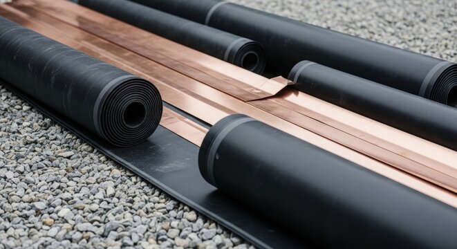 Rolls of black waterproof roofing membrane next to copper metal flashing strips on gravel. Construction material for flat roof insulation and building waterproofing. Industrial component.