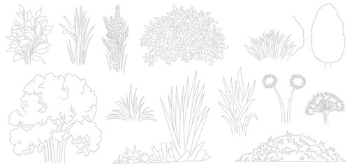 Plant Elevation Line Silhouettes Outline Set, Grass, Shrub and Tree Vector Collection, CAD Landscape Design Elements and Isolated Nature Graphics © YET FAR 