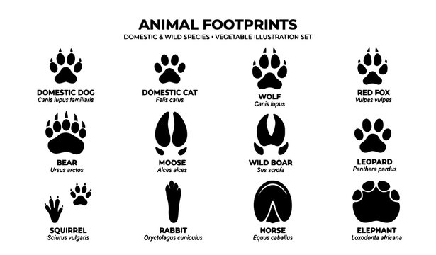 Wild and domestic animal track silhouettes vector set with realistic paw and hoof footprints