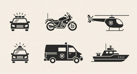 Collection of emergency service vehicle icons including police car motorcycle ambulance helicopter boat. © Untung
