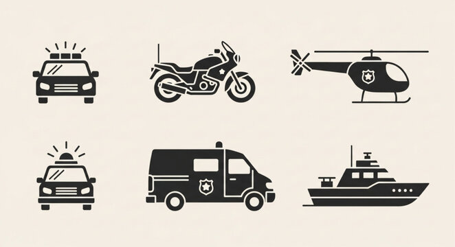 Collection of emergency service vehicle icons including police car motorcycle ambulance helicopter boat.
