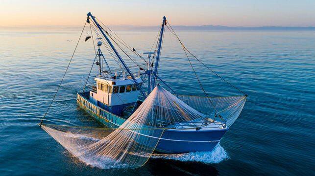 Aerial view of a weathered commercial fishing vessel casting wide nets across open sea at golden hour, industrial fishing, seafood harvest, maritime industry, defocused horizon,