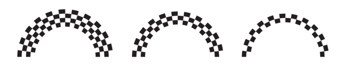 Set of round chequered arches with black and white chessboard pattern. Semicircles with race flag checkerboard pattern. Vector illustration © Kusandra