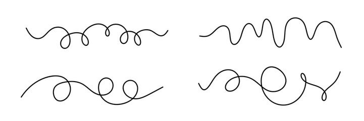 Set of abstract curly squiggle handdrawn doodle lines with loops. Simple wavy wiggly graphic elements. Vector illustration. © Kusandra