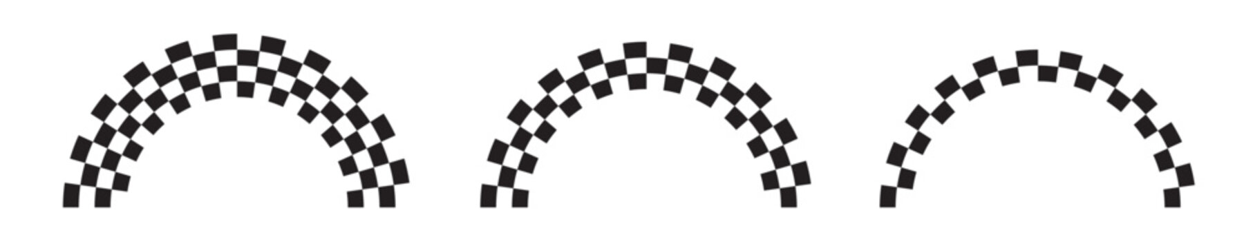 Set of round chequered arches with black and white chessboard pattern. Semicircles with race flag checkerboard pattern. Vector illustration