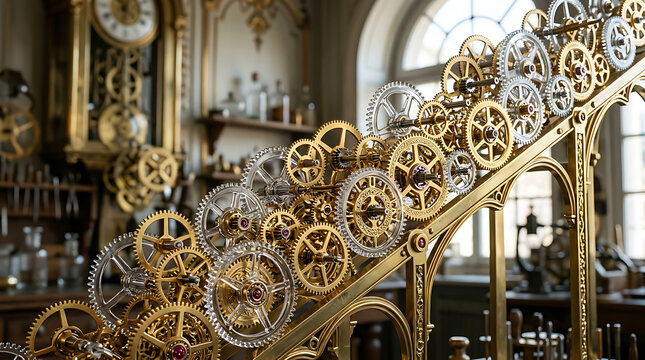 Intricate mechanical gears in a vintage clockwork room
