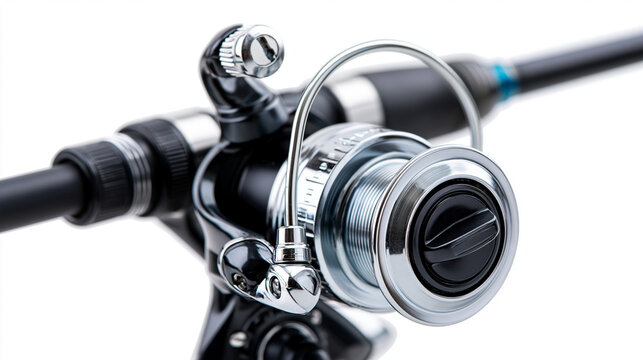Black spinning fishing rod with chrome reel isolated on transparent background, sport fishing equipment, tackle product photography, with copy space