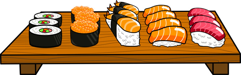 Japanese sushi collection, appetizing and delicious nigiri and maki rolls on a wooden table, vector illustration isolated on white background © Akbar