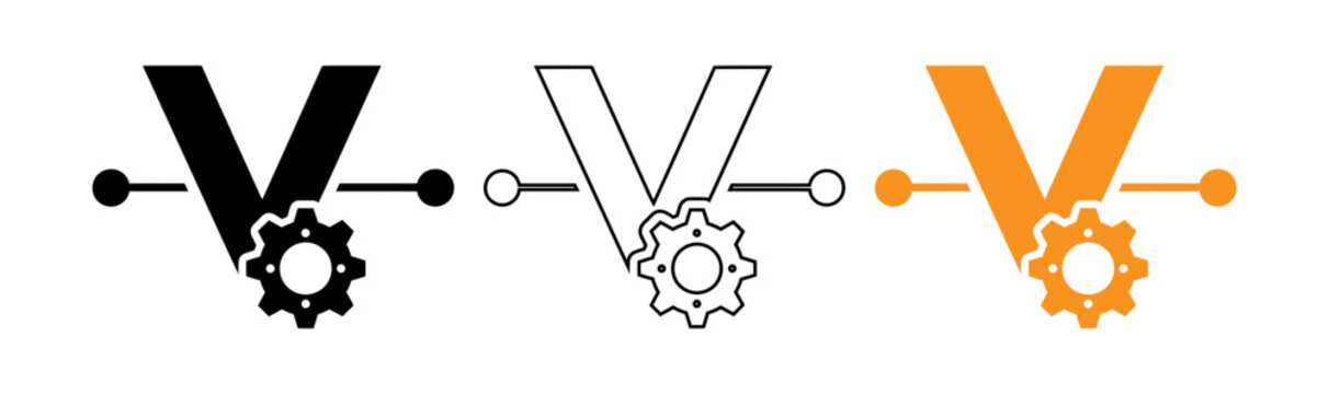 Vector logo design featuring a stylized 'v' shape integrated with a gear mechanism in three color variations